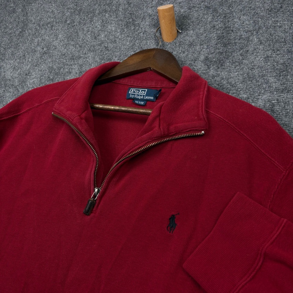 Polo Ralph Lauren Pullover Mens XL Red 1/4 Zip Ribbed Cotton Sweater Logo